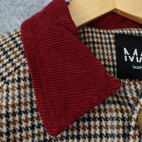 Tweed Houndstooth Car Coat Mens Small Beige Check Corduroy Collared BOOHOO MAN - Picture 8 of 14
